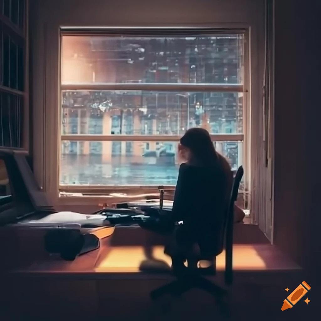 Person sitting in an office next to a window overlooking rainy street with vehicles