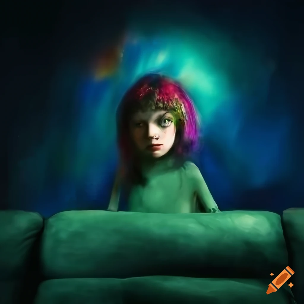 Blueberry girl on green sofa inspired by Marc Chagall with northern lights background in 4k