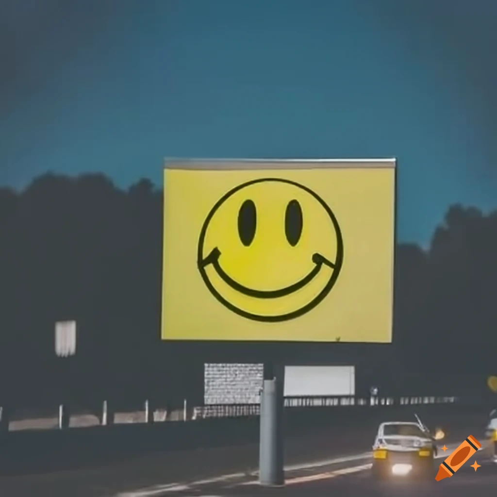 Big yellow smiley face on a white billboard by the highway