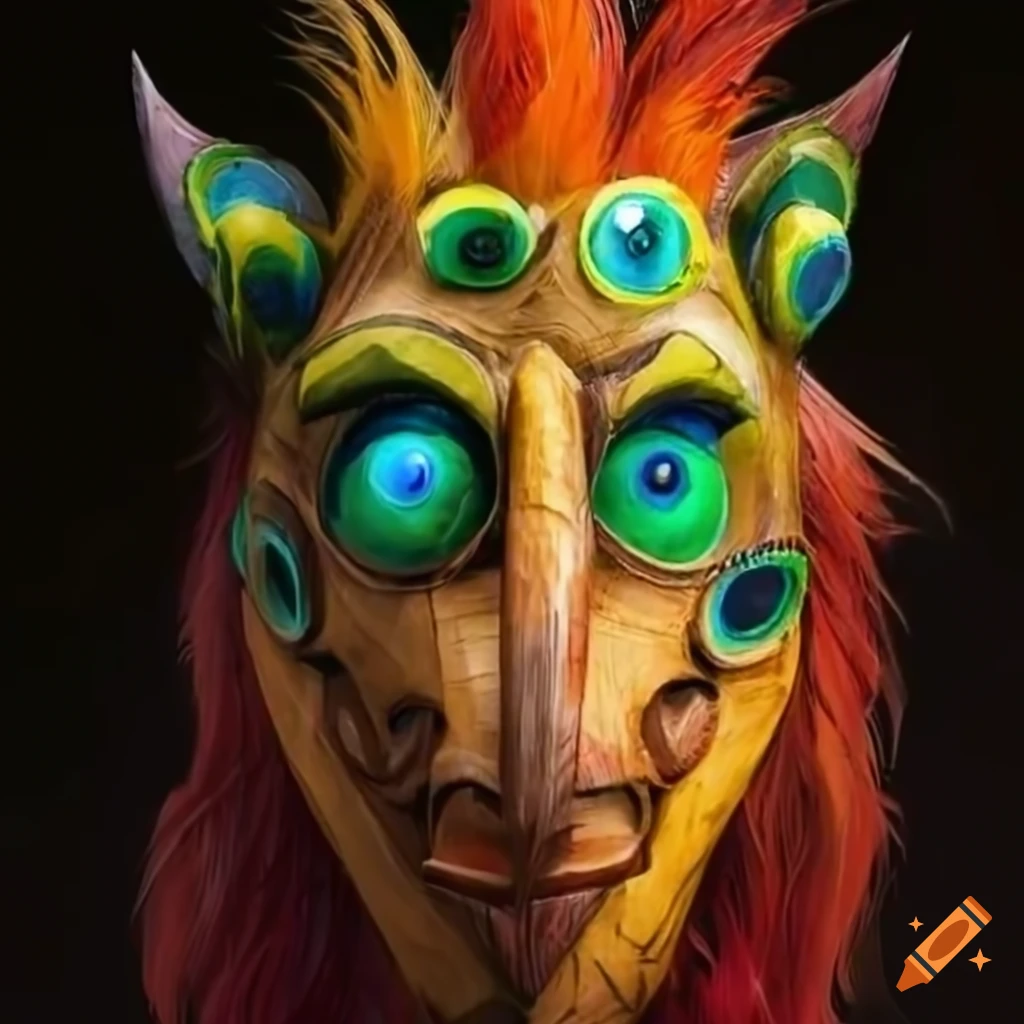 Vibrant and detailed Sumerian wooden mask with feather crown