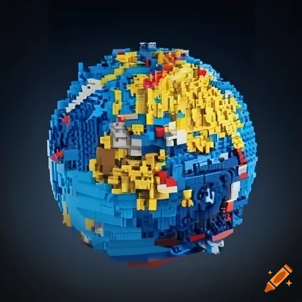 LEGO exhibition poster in Paris with fragmented LEGO pieces scattered in a LEGO world