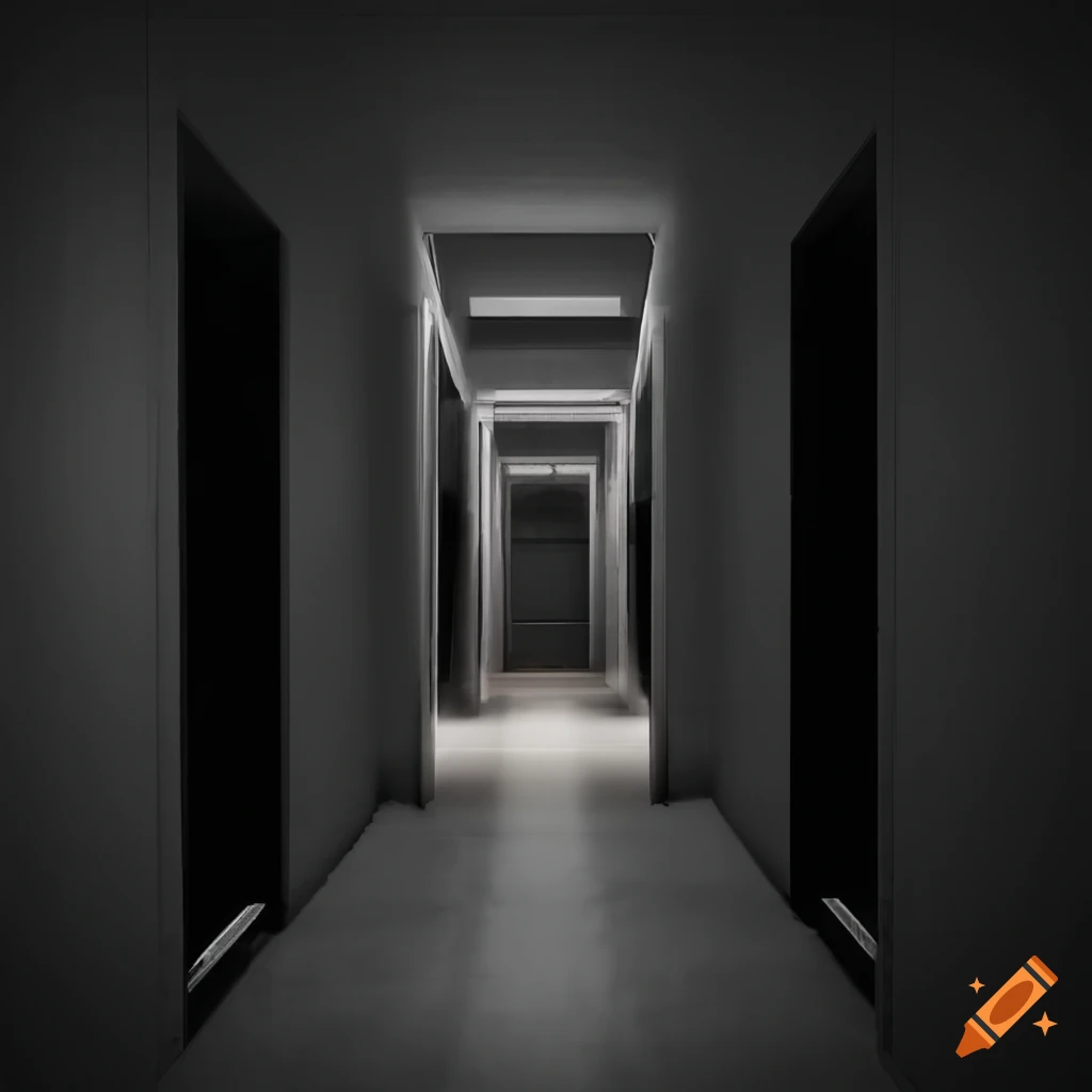 Liminal hallway with two openings to rooms on each side