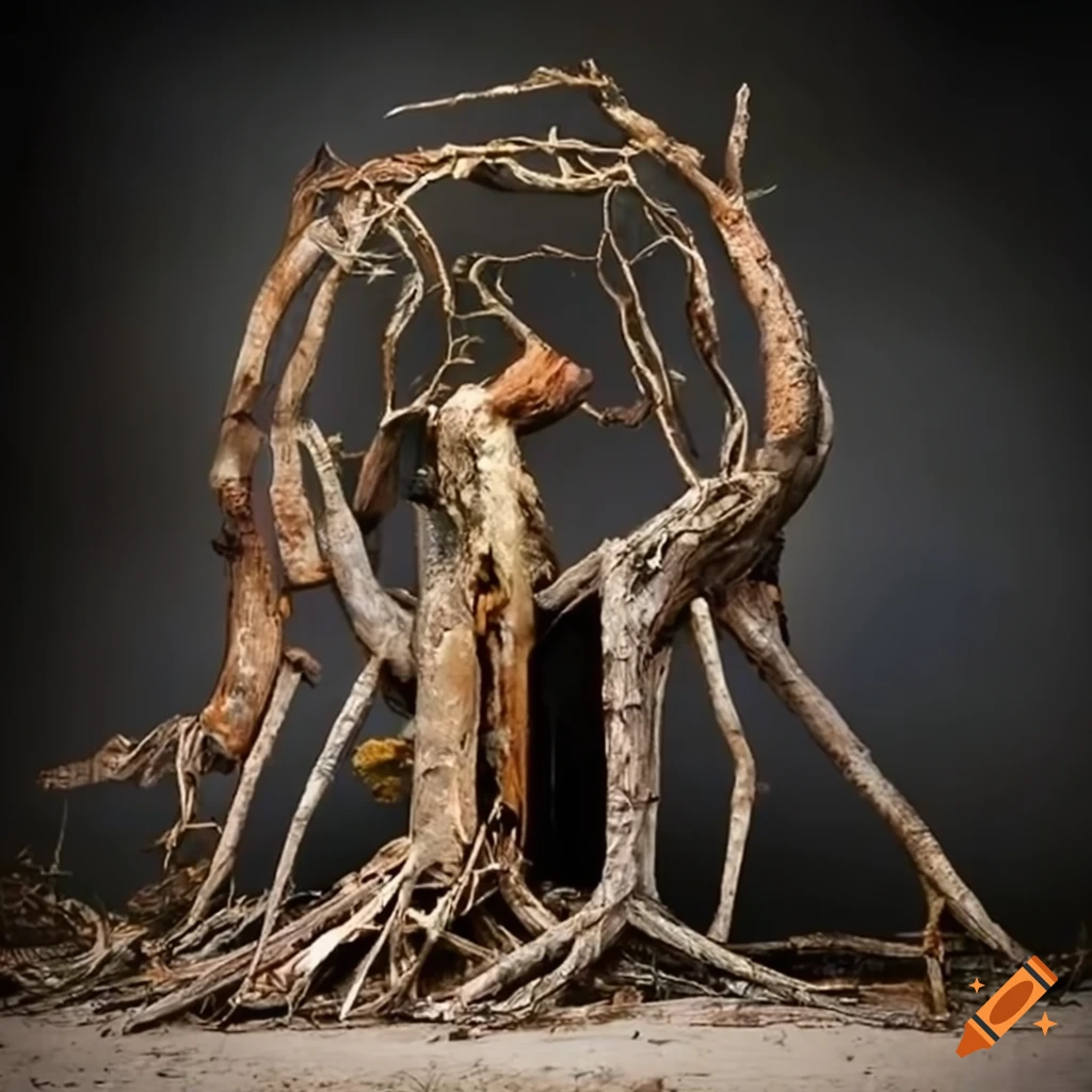 Sculpture made of branches and junk in a destroyed landscape
