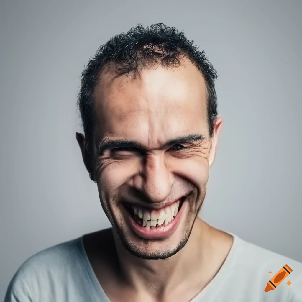 Man with a distorted smiling face on a light gray background on Craiyon