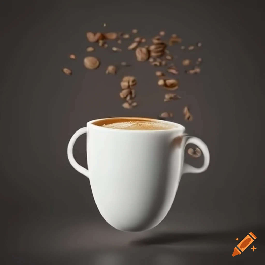 Hyperrealistic floating coffee cup with foamy pattern inside
