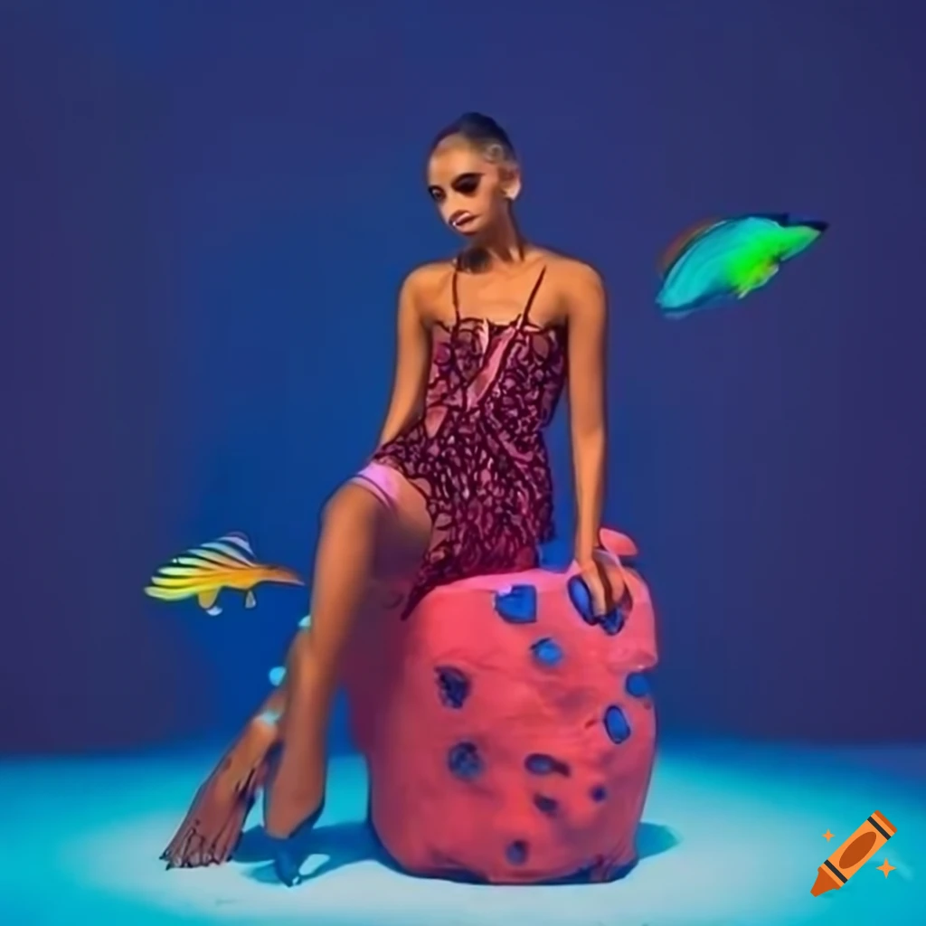 Baddie in glass dress surrounded by tropical fish on a coral stool