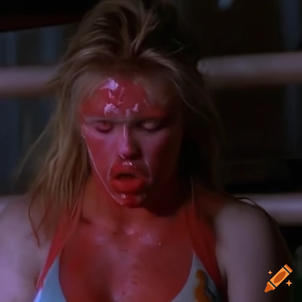 Expressive closeup of a dizzied, sweat-drenched, and bruised female fighter