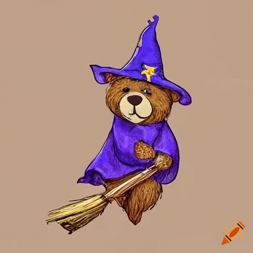 Teddy bear wizard flying on a broomstick with a cape and hat