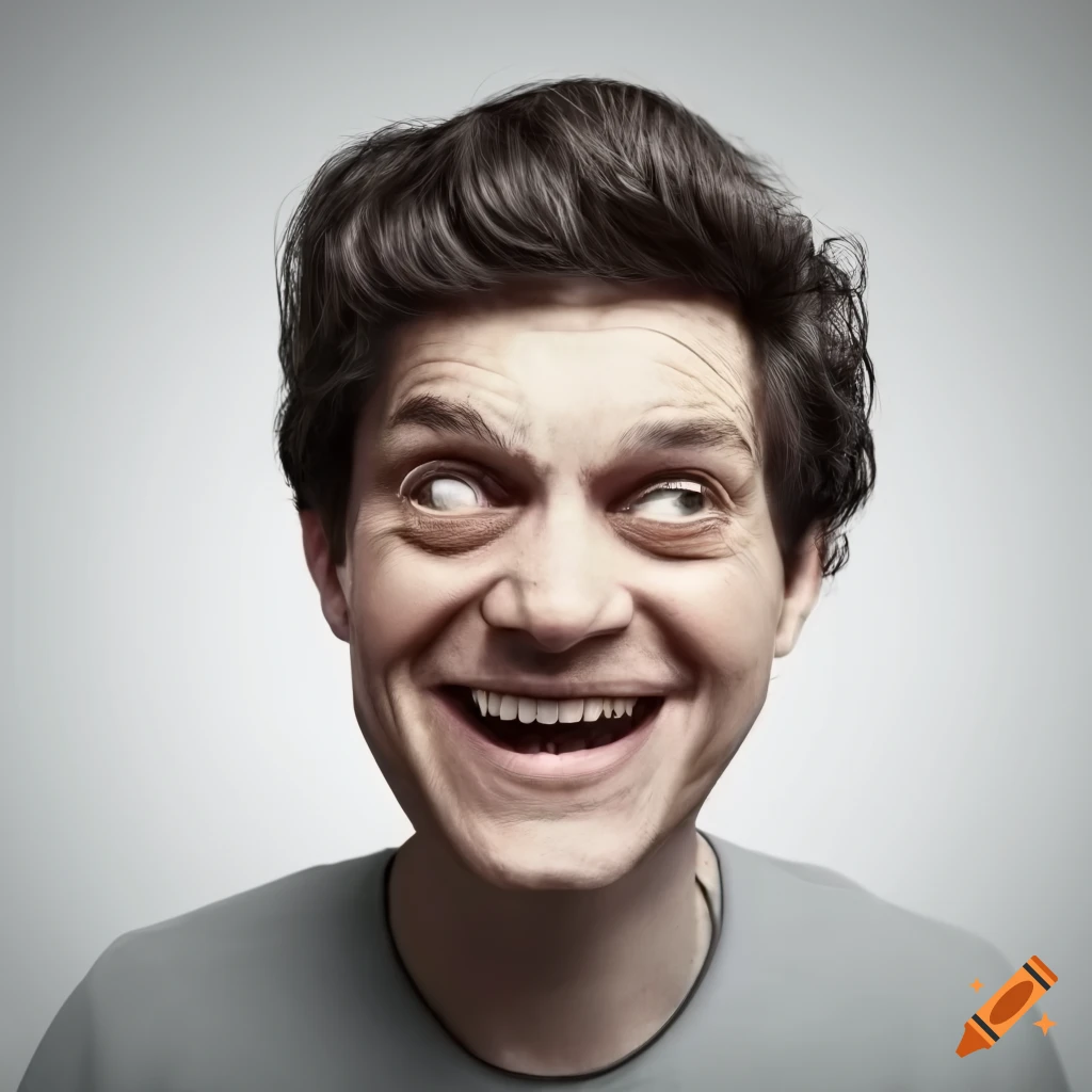 Man with a distorted smiling face on a light gray background