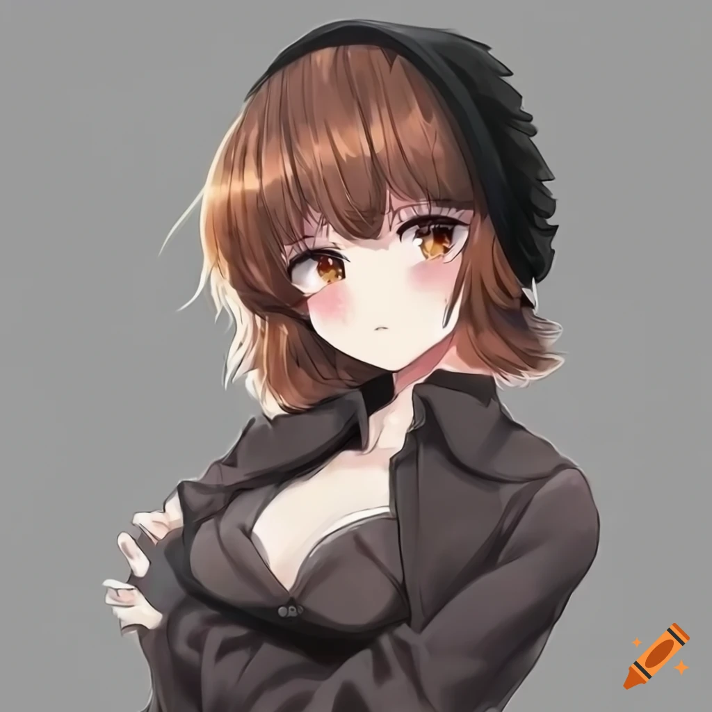 Anime style Cossack girl with black ushanka and brown messy bob haircut