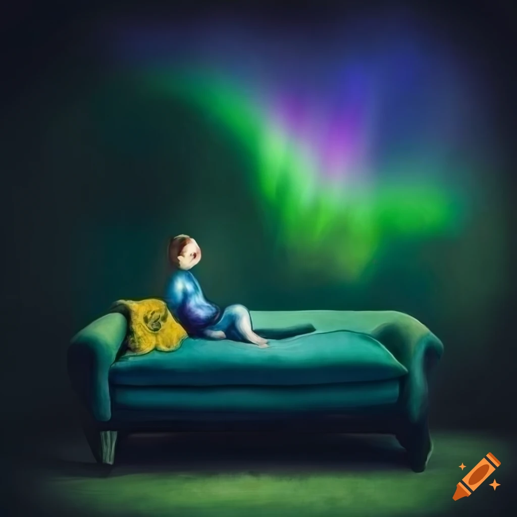 Blueberry girl on green sofa in Marc Chagall style with northern lights background