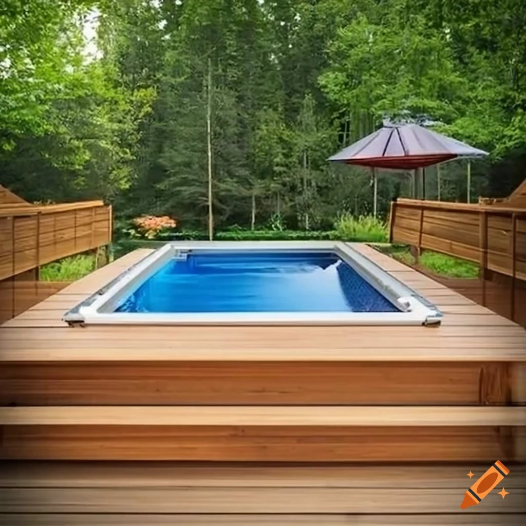 Backyard design with above-ground pool and wooden deck