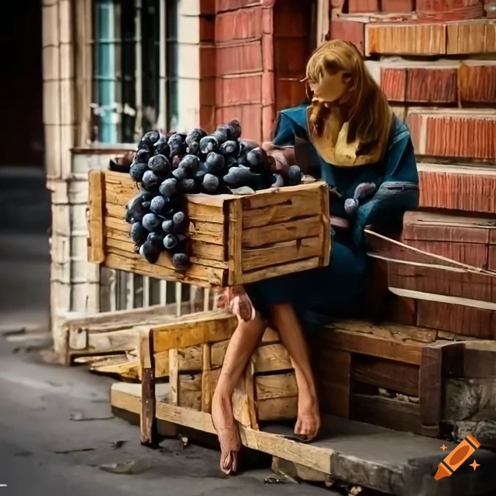 Entrepreneur marketing fresh grapes from a wooden crate on a street corner