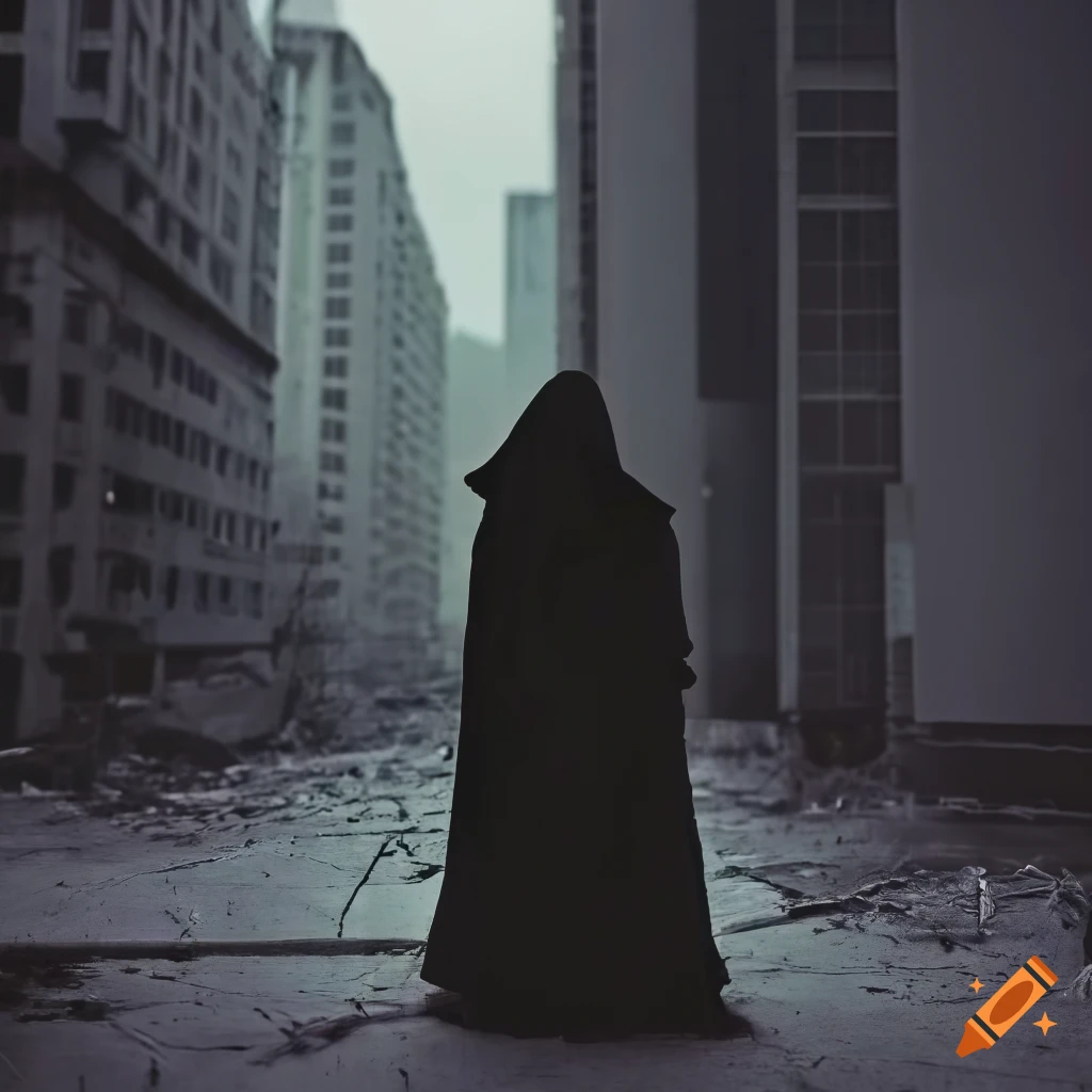Silhouette of a hooded figure in a destroyed city looking at a skyscraper
