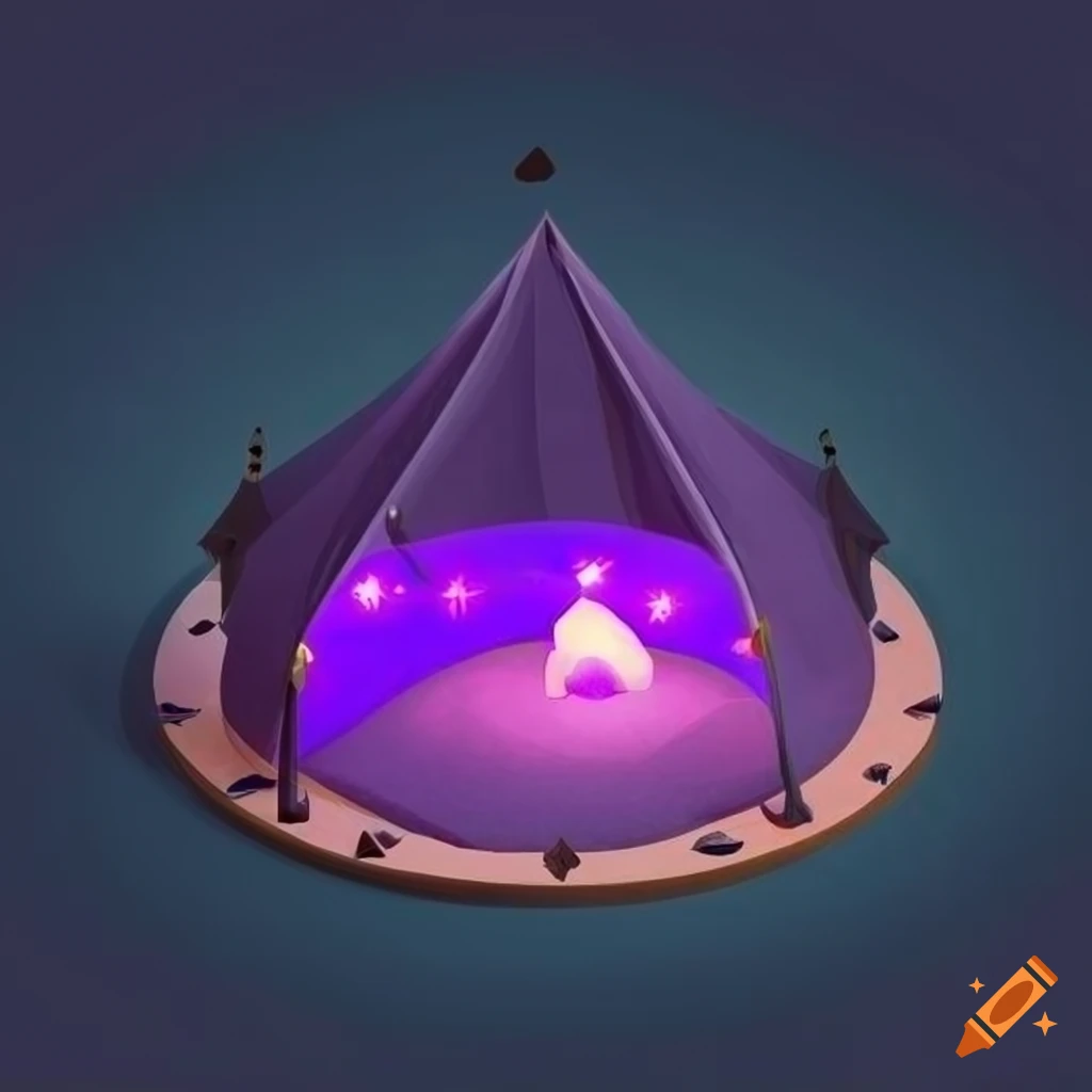 Artistic isometric of a round gray tent with a purple glowing stone