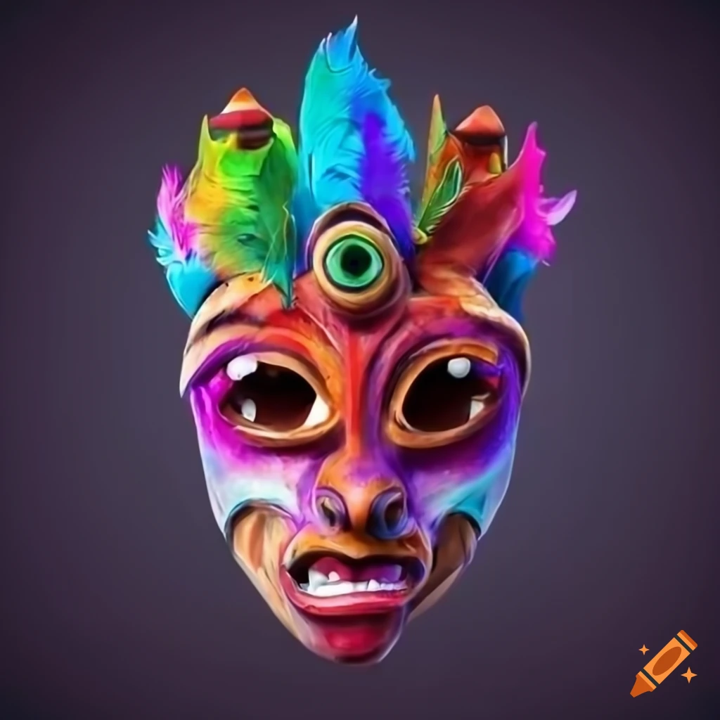 Vibrant Sumarian wooden mask with feather crown and bold colors