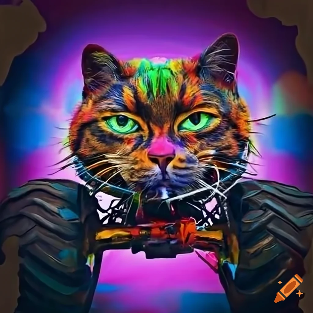 Colorful cat driving a monster truck