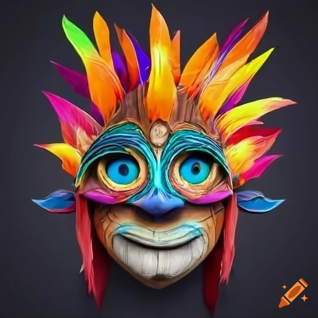 Vibrant Sumerian wooden mask with realistic feather crown and symbolic details