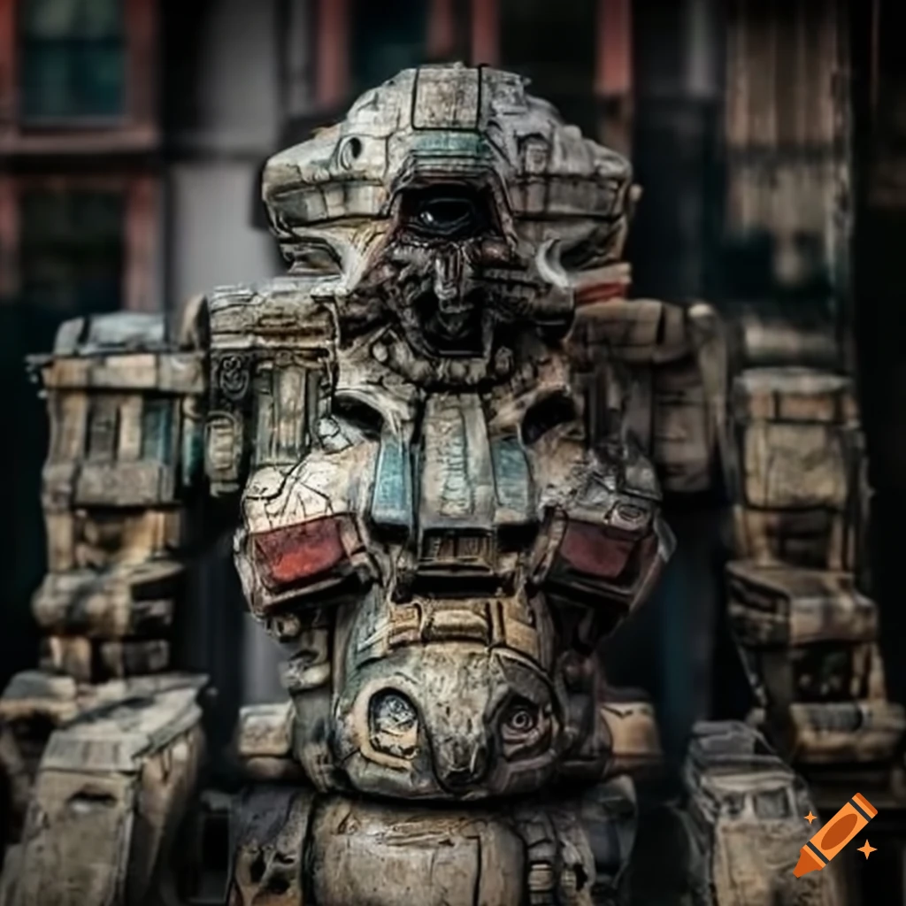 Mech-warrior exploring a damaged urban landscape inspired by H.R. Giger's art