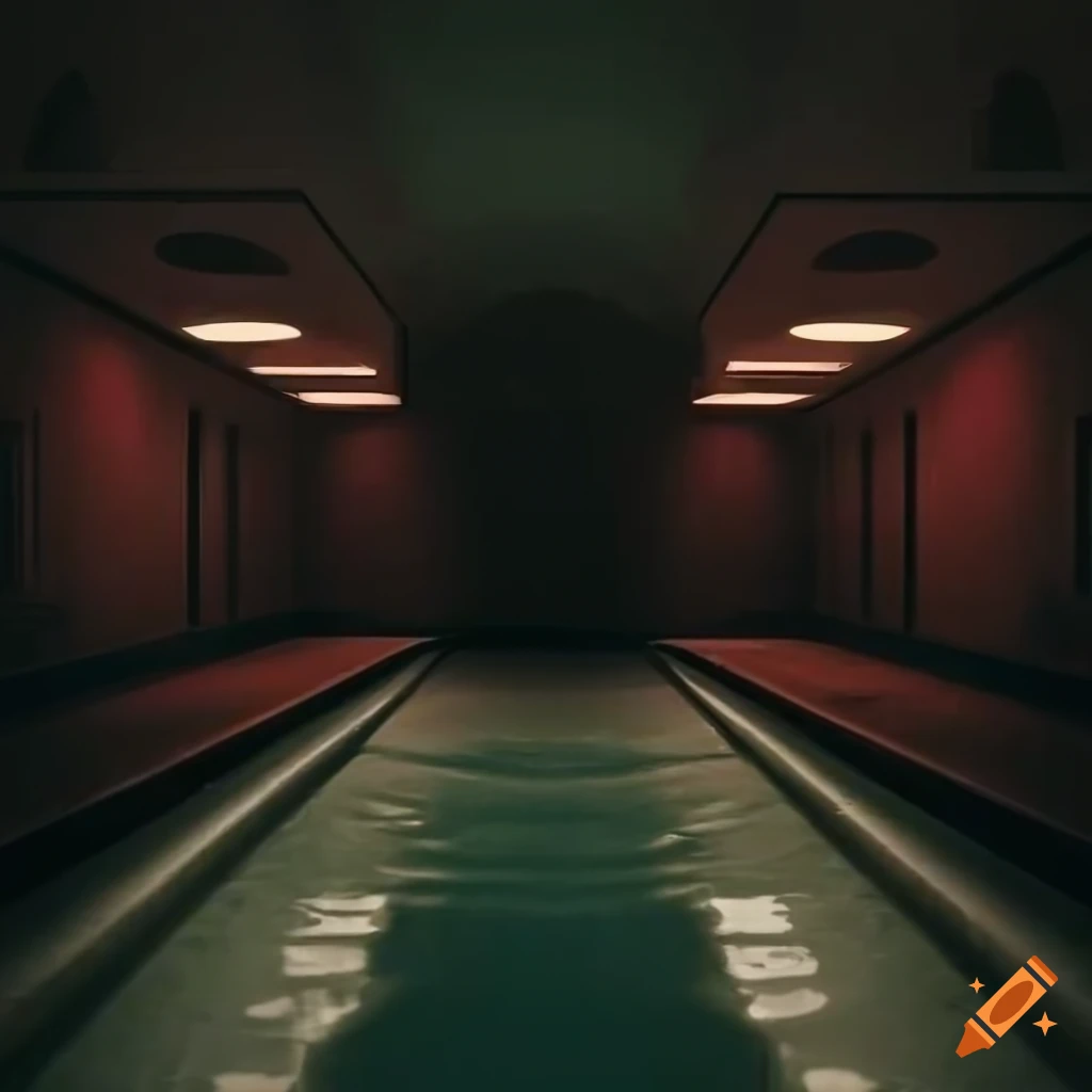 Eerie liminal space of a gloomy poolroom with tiles and reflections