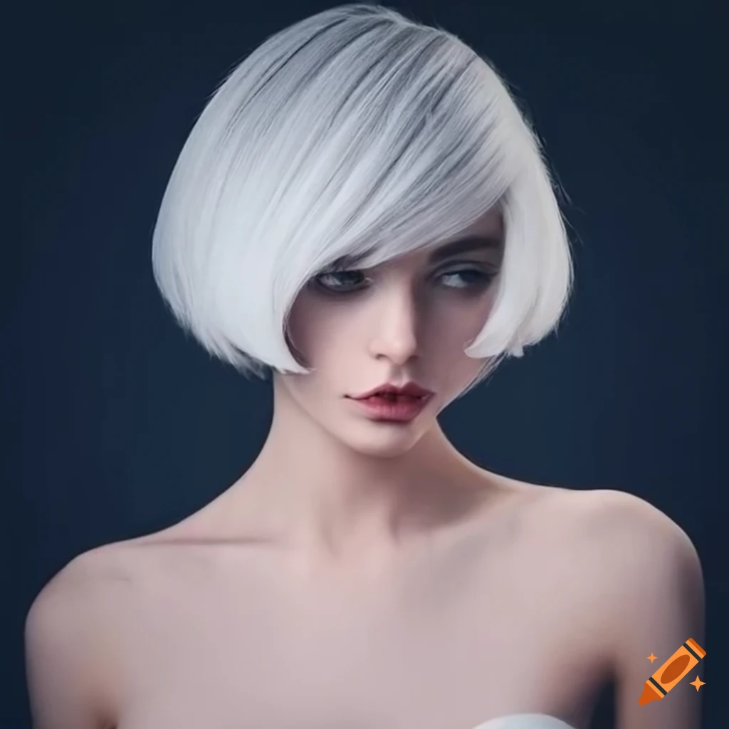 Woman with white bob hairstyle in minimalistic style