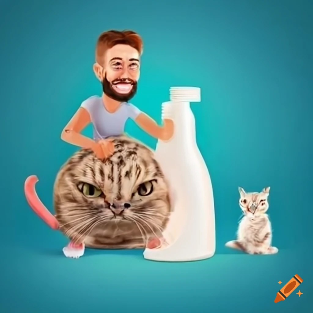 Laundry detergent bottle with cheerful woman, man, cats, and turtle