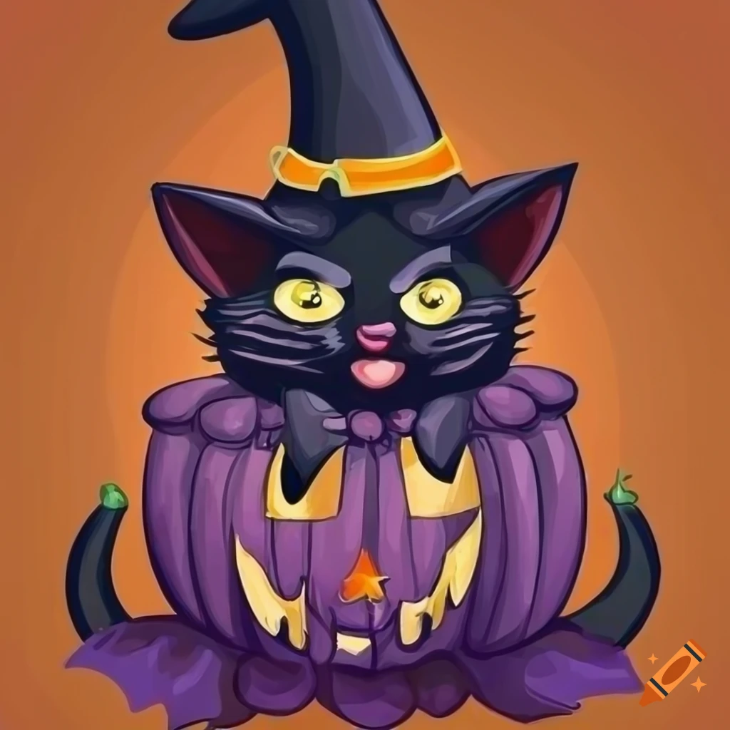 Mischievous black cat with witch hat in a pumpkin in a cartoon style on ...
