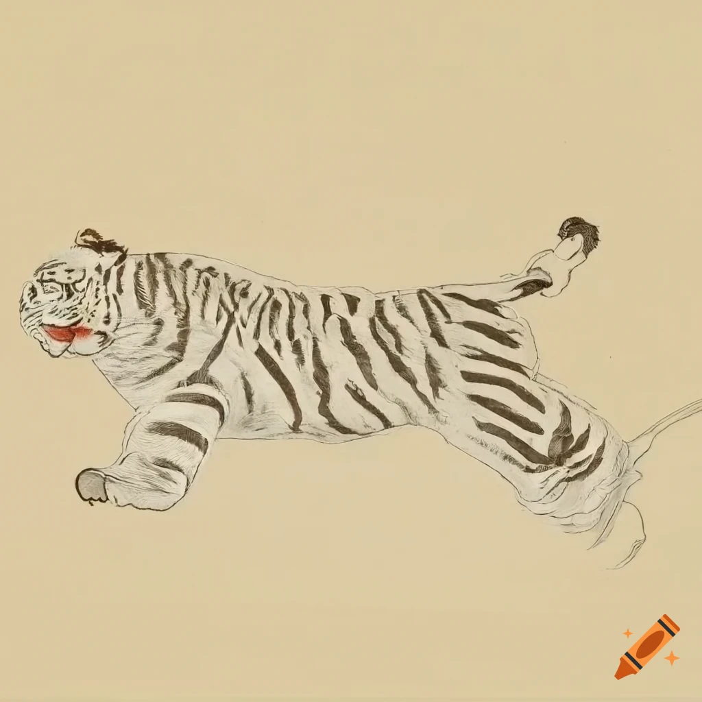 Old Korean traditional drawing of a white tiger jumping