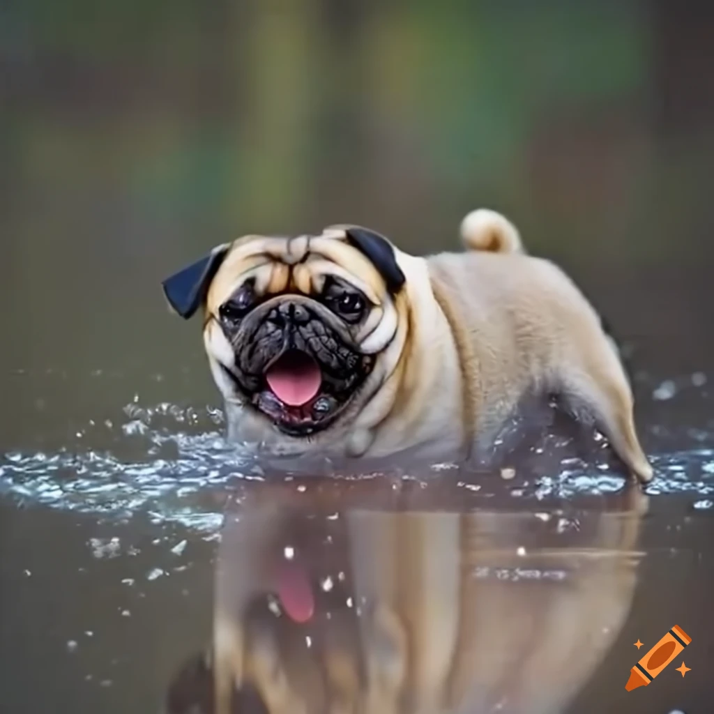 Cheerful pug splashing in a puddle during a downpour