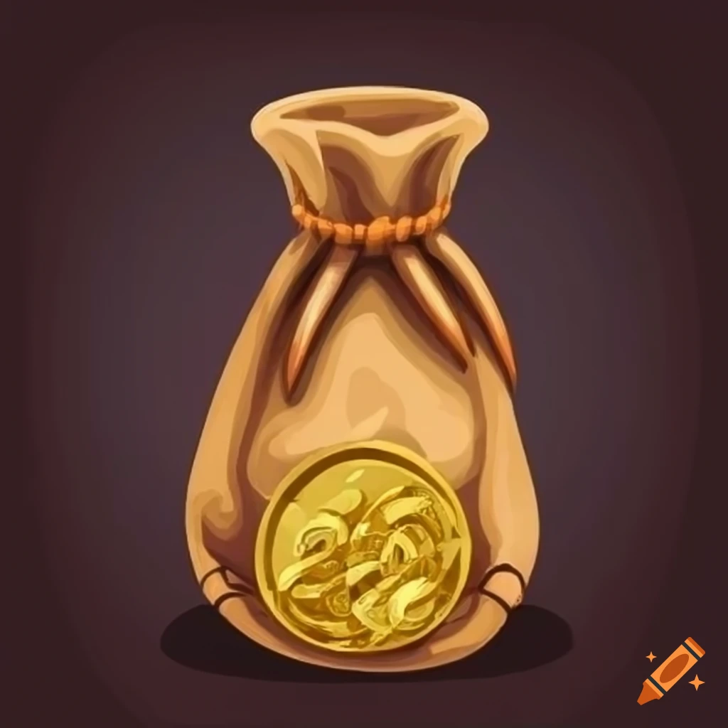 Medieval coin pouch with gold coins in a cartoon-realistic dark style ...