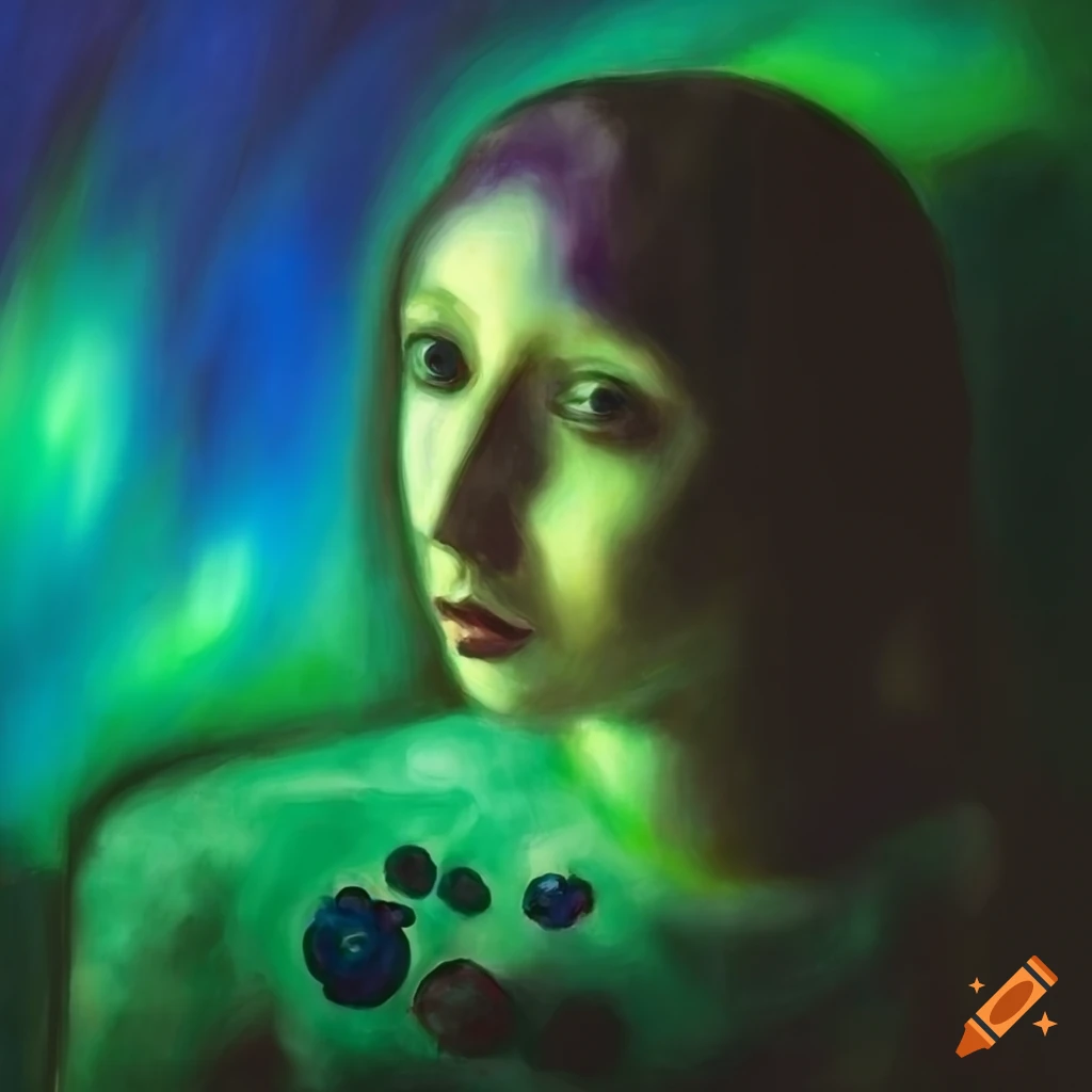 Blueberry girl on green sofa with northern lights in Chagall style