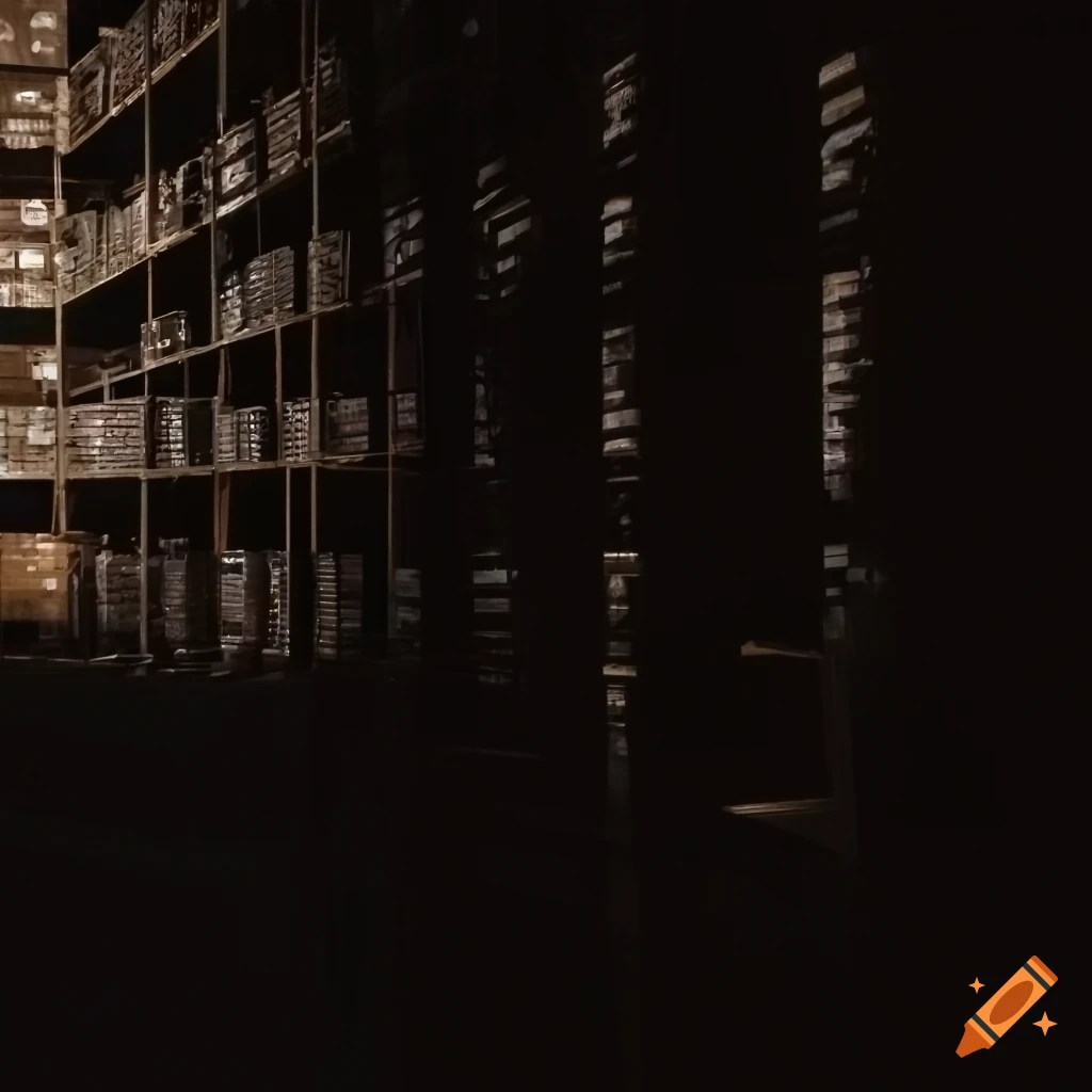 Rows of warehouse shelves in darkness