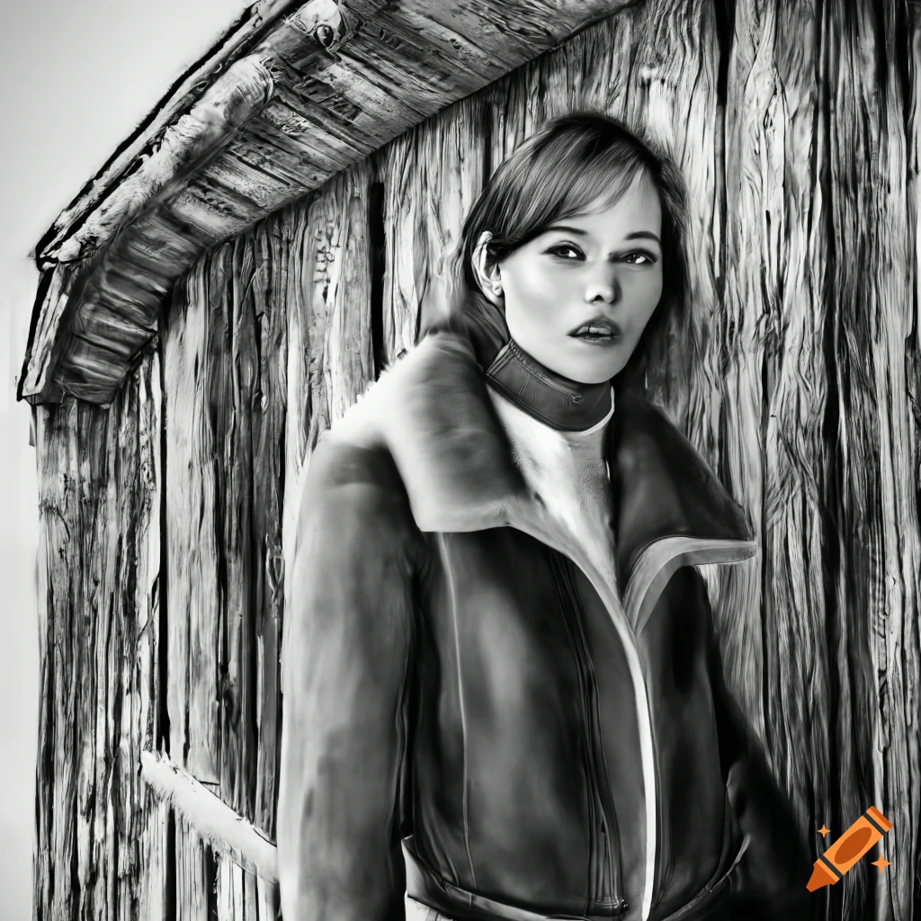 Young woman in a high-waisted black leather trousers and brown sheepskin bomber jacket standing in a barn doorway