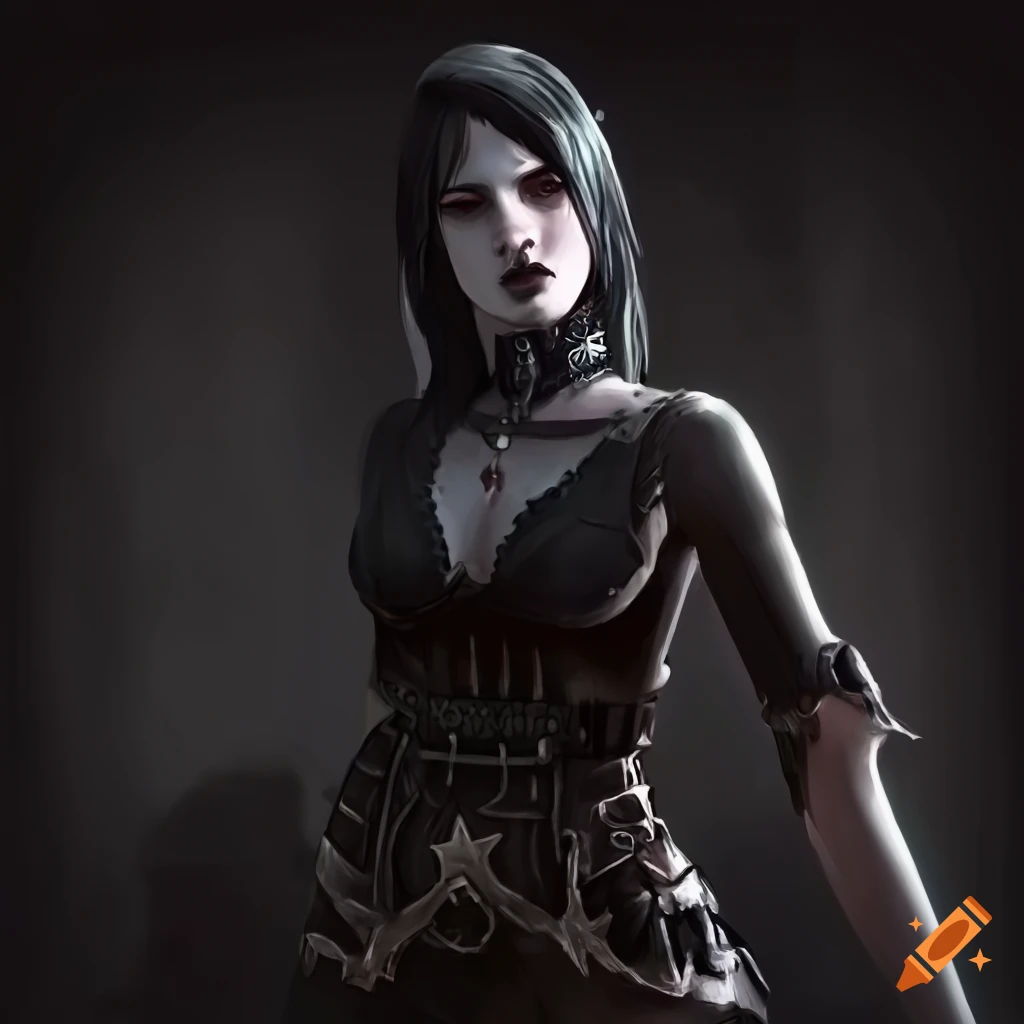 Gothic female rogue with daggers and skull chestplate