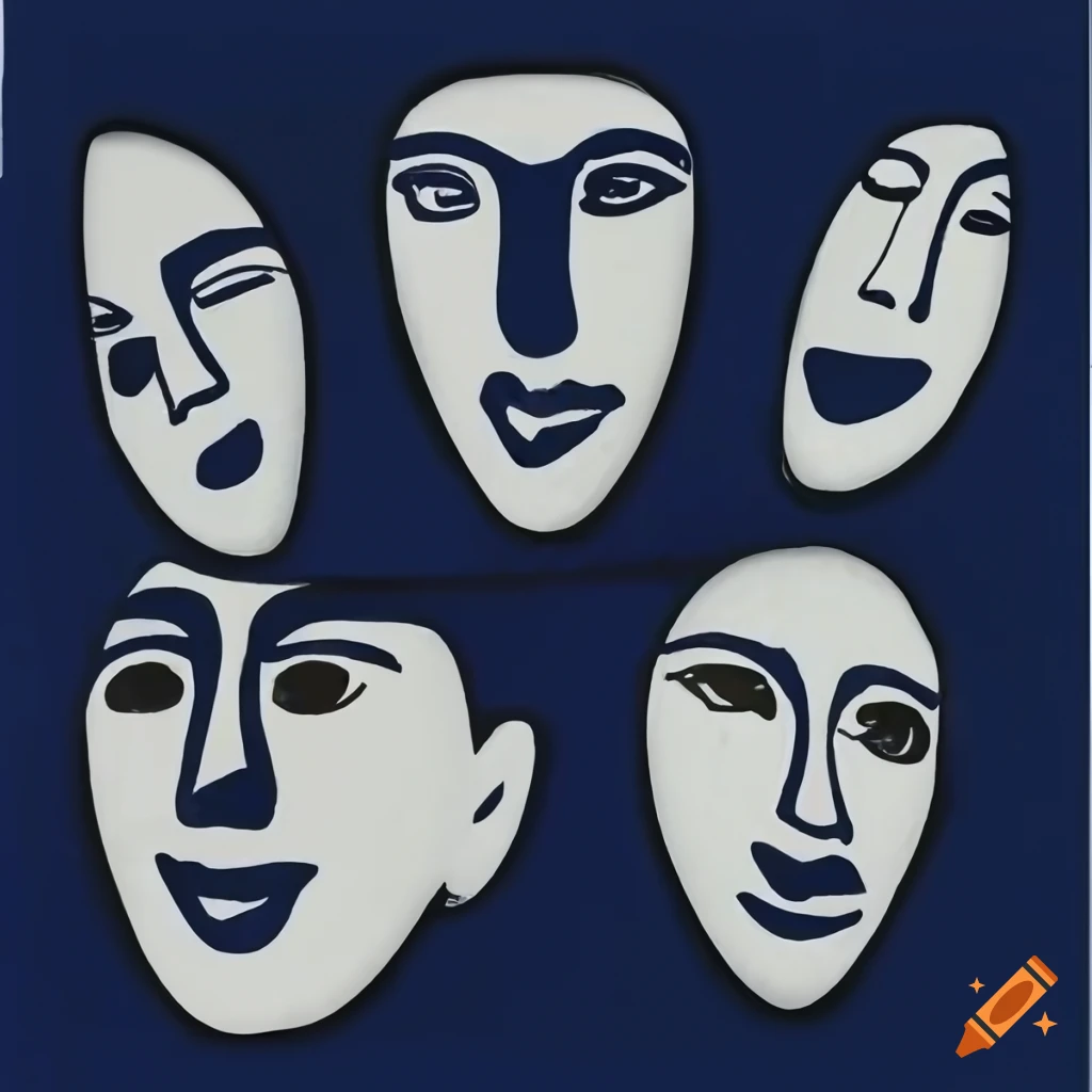 Collage of five singing faces in cubist abstract style with monochromatic colors