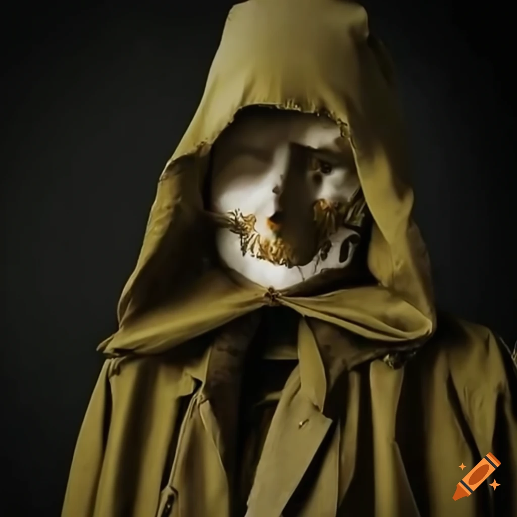 Living scarecrow in a green trench coat stepping out of a painting