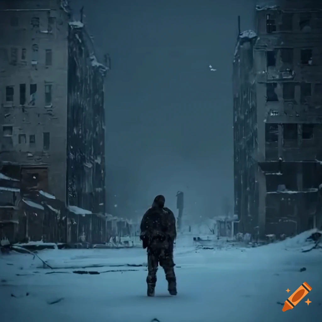 Soldier in abandoned city during heavy snowfall in a dark surreal scene