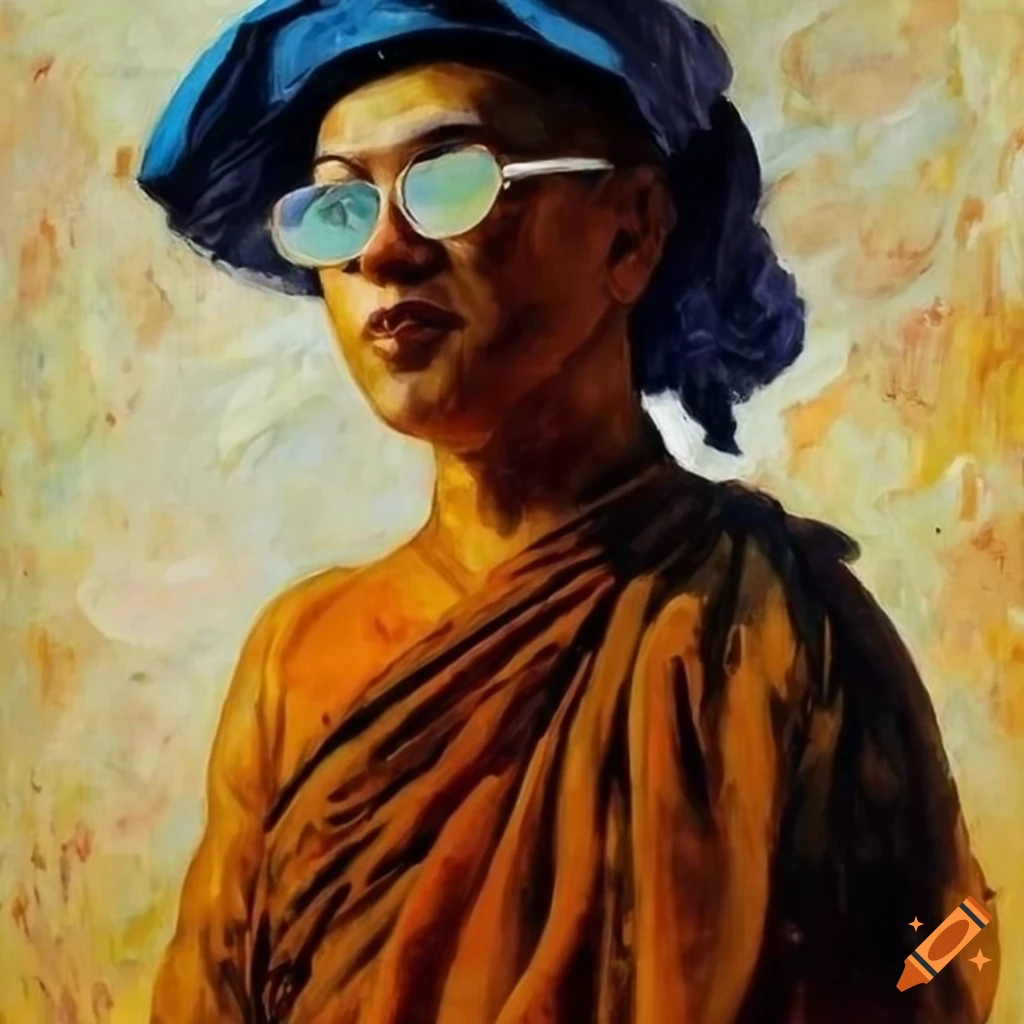 Buddhist monk with sunglasses and sailor cap in an impressionist style