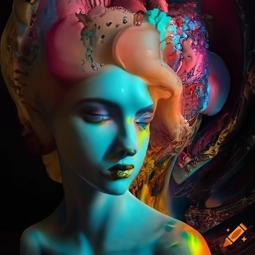 Sculpted random colored veined marble figures in cinematic lighting