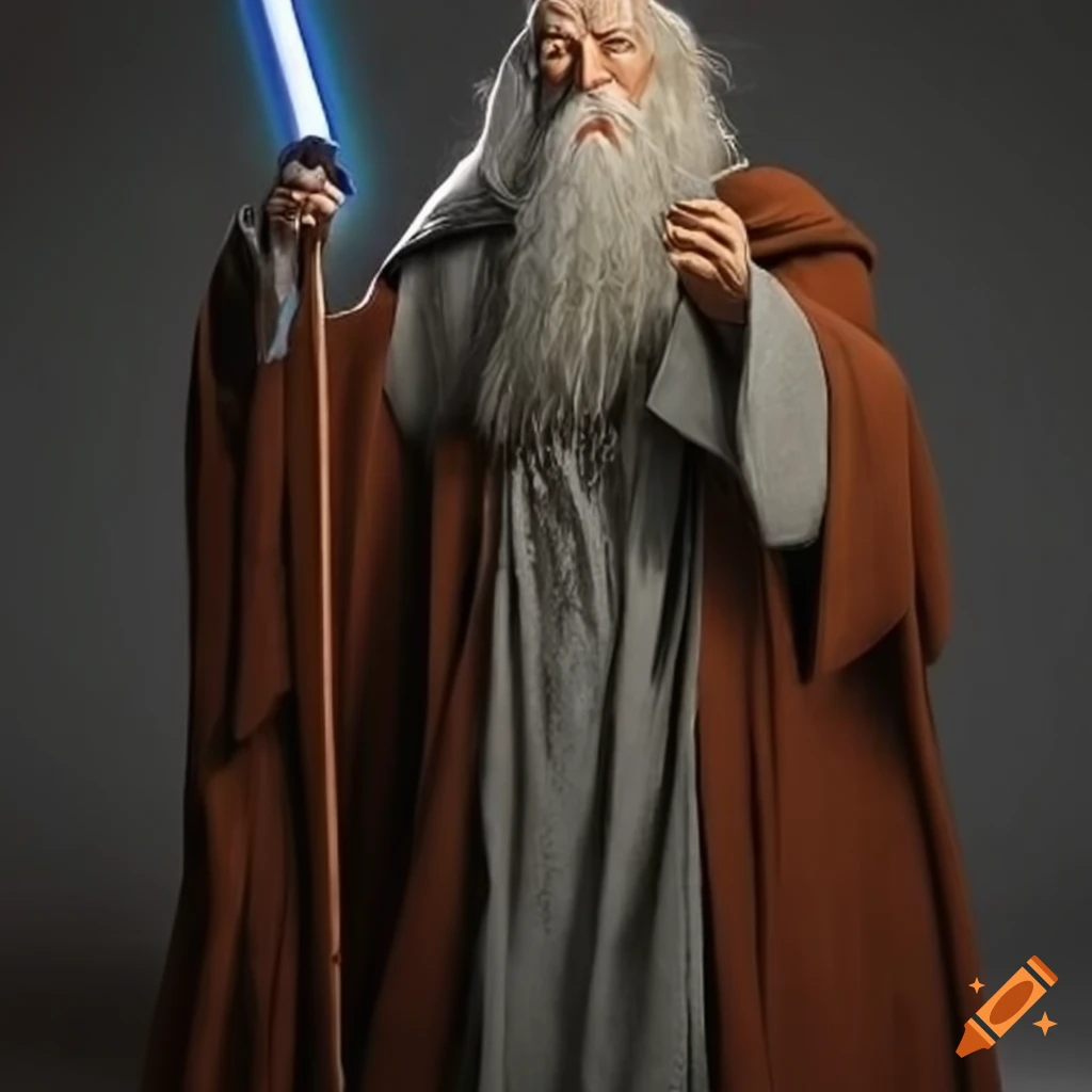 Wise Gandalf in Jedi robe with lightsaber in a fantasy crossover