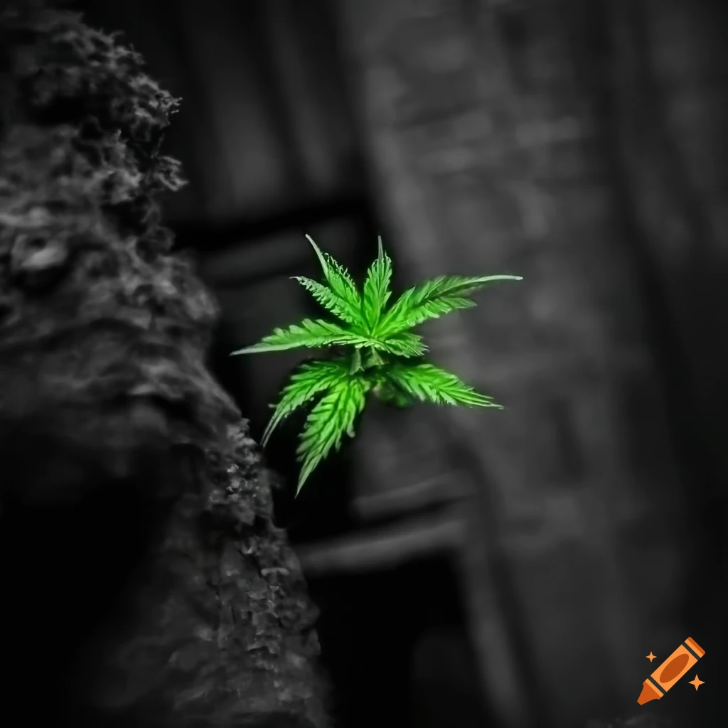 Contrast of green cannabis sprout in a post-apocalyptic city