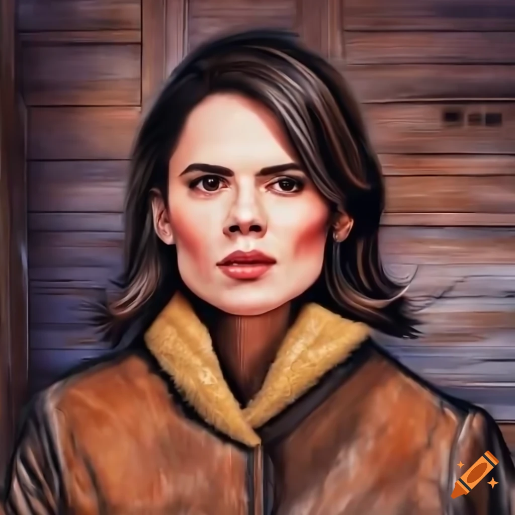 High angle view of a woman in a sheepskin bomber jacket and black leather trousers standing in a barn doorway
