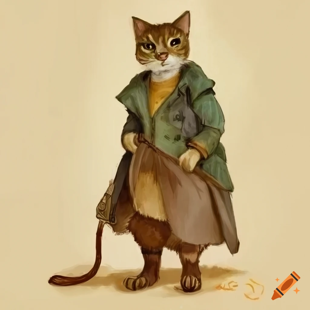 Anthro cat thief illustrated in a storybook style by Beatrix Potter