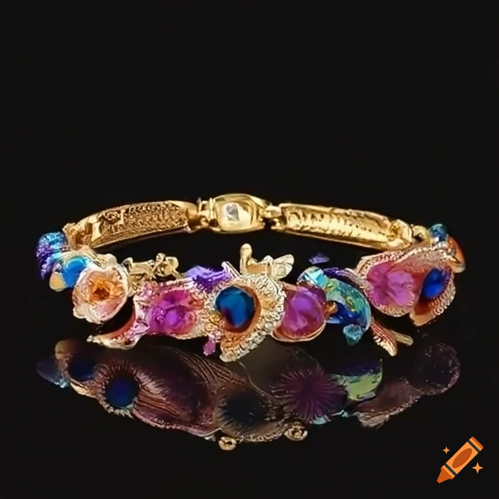 Peacock-themed floral bracelet with petal-shaped rings