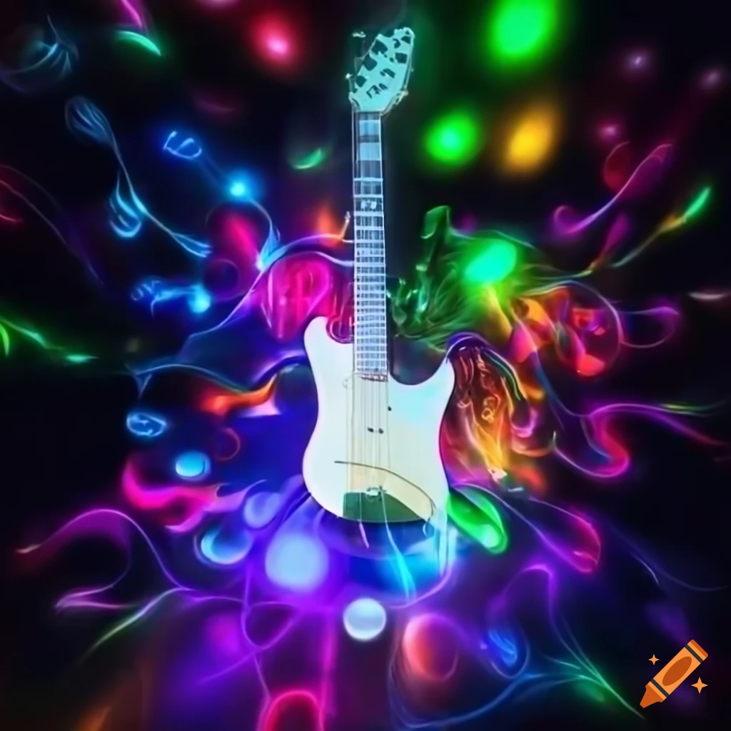 Electric guitar under multi-colored stage lights with musical notes