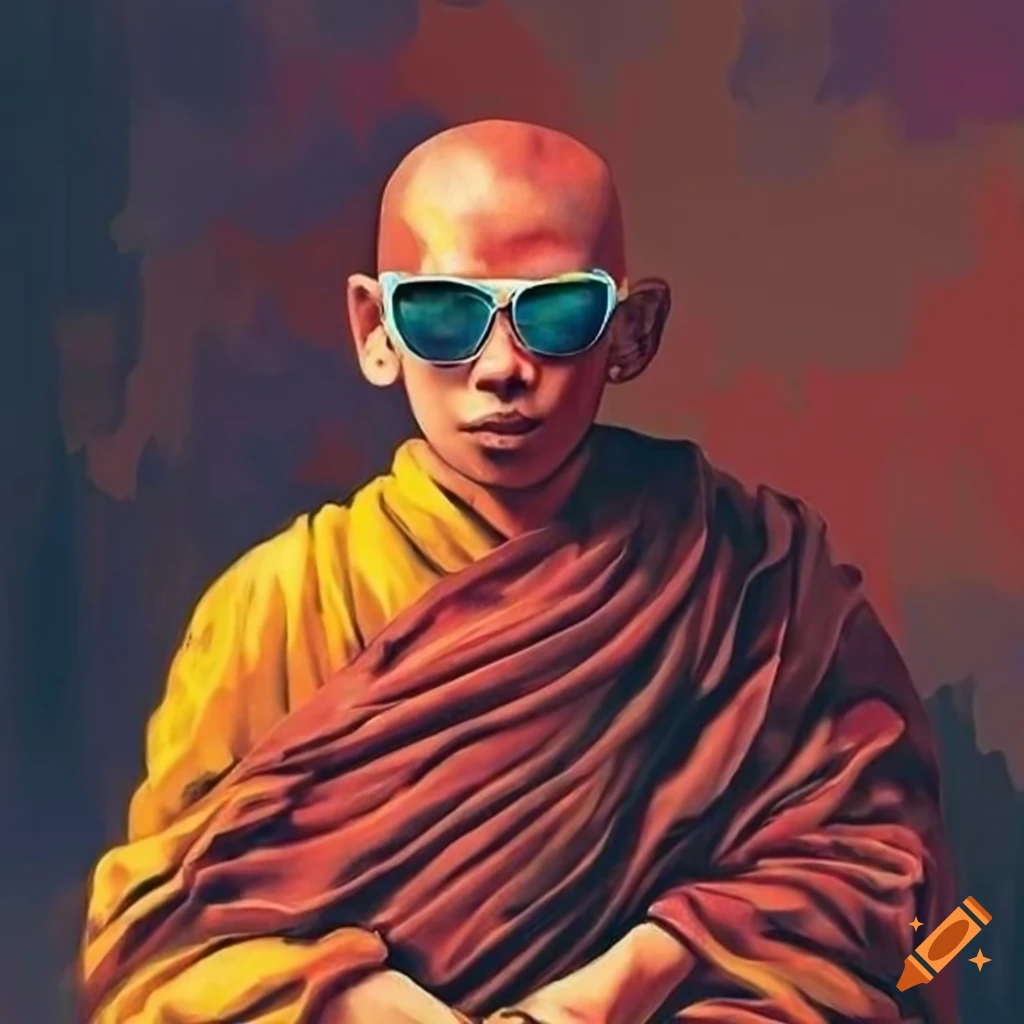 Buddhist monk in sunglasses with Impressionism style