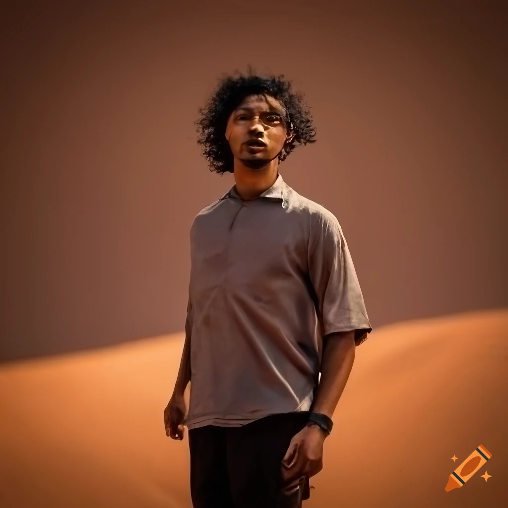 Man with black hair and Arabic features walking past a tent in a Bedouin campsite