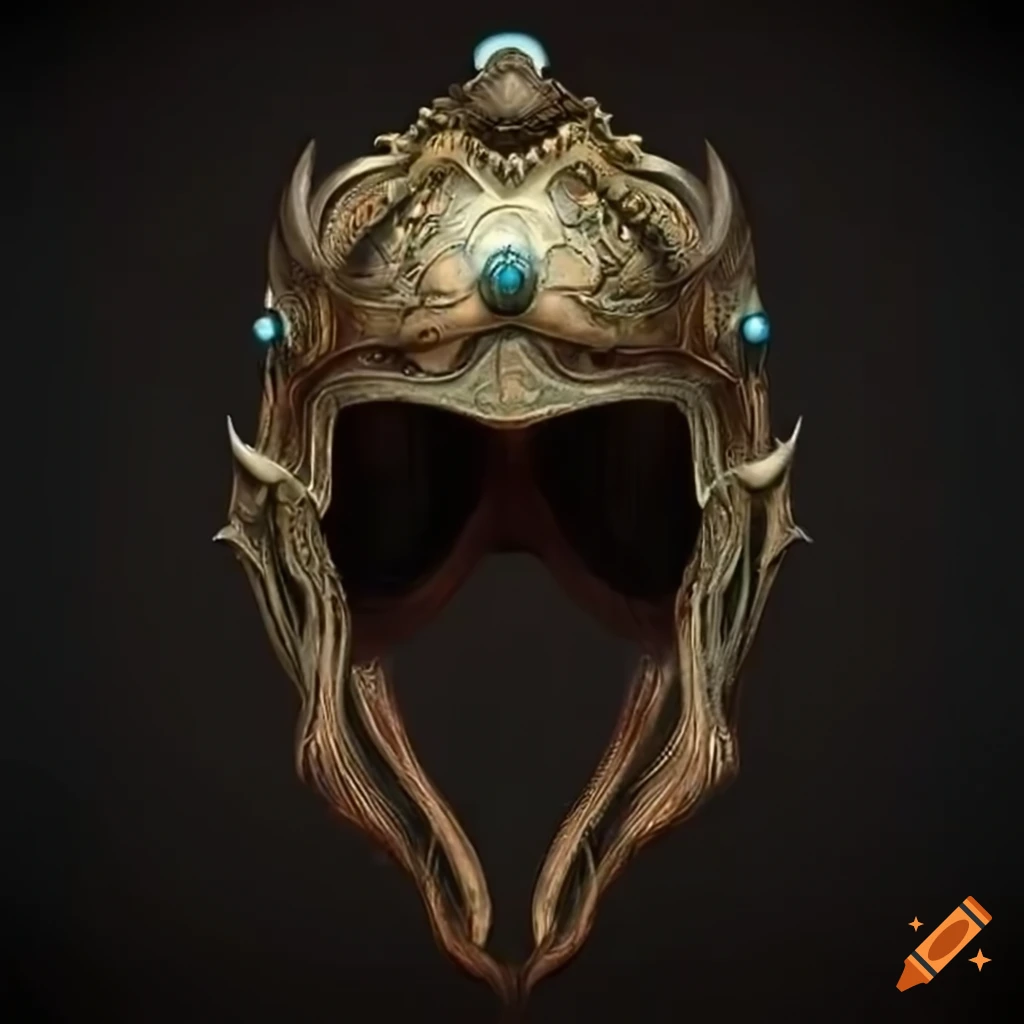 Intricate magical helmet viewed from the front