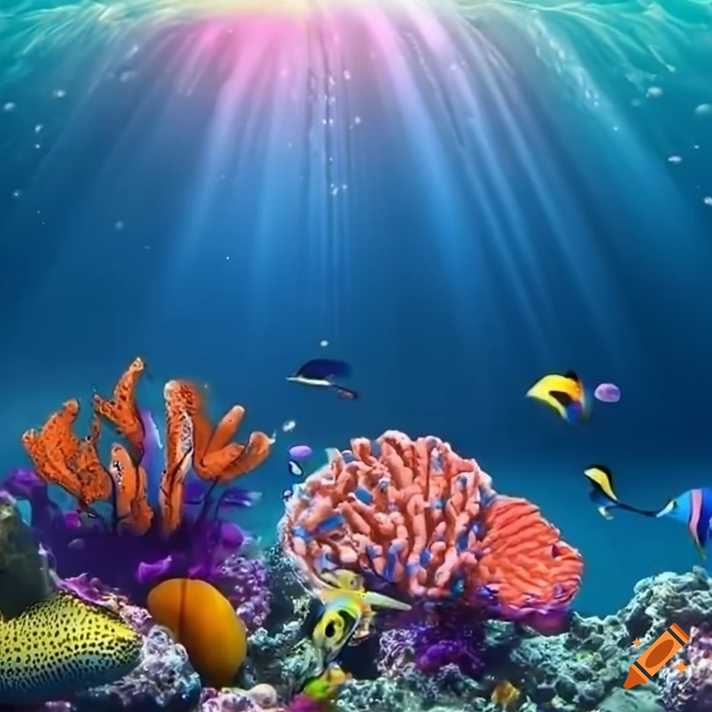 Colorful underwater scene with coral, fish, and bubbles
