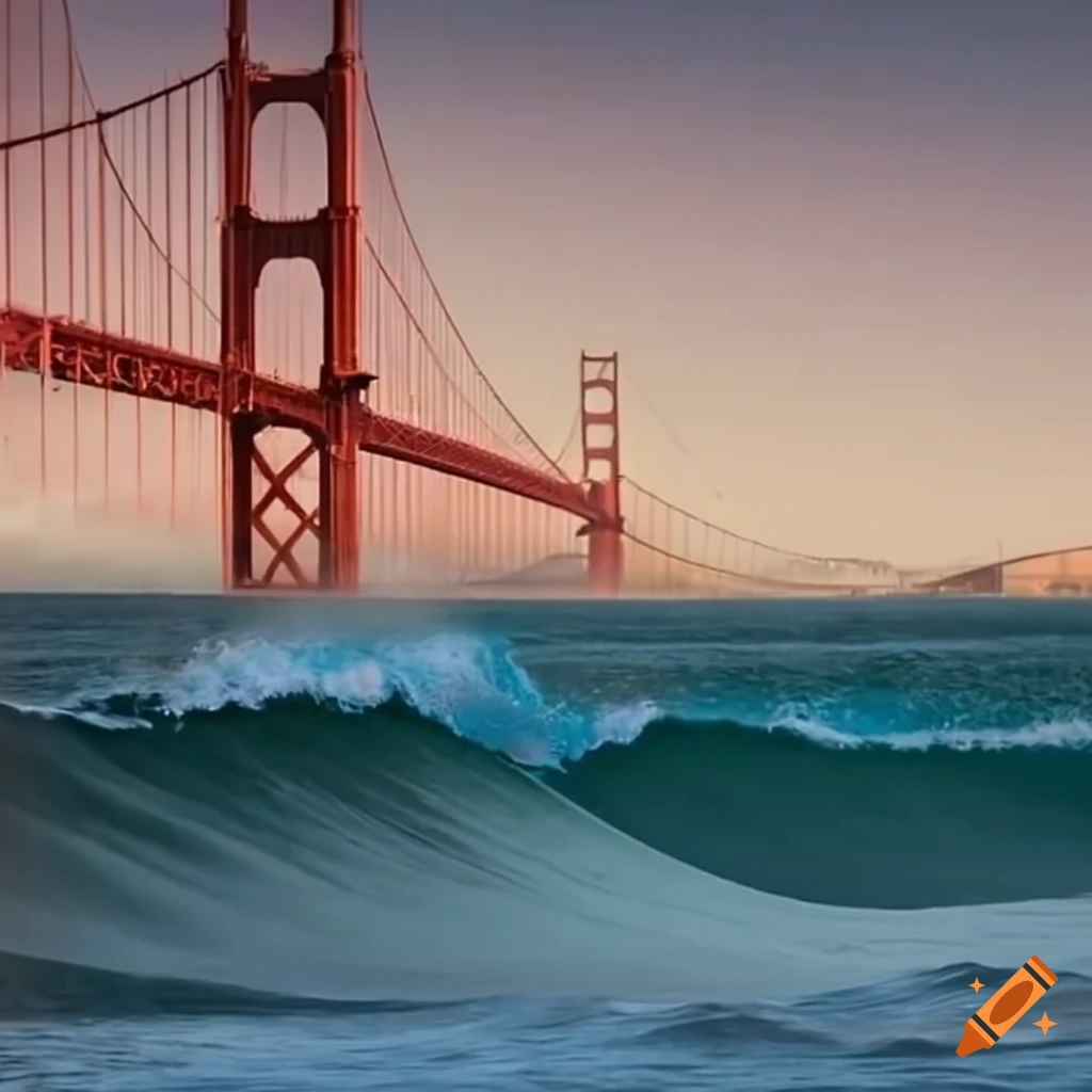 Surfer riding a wave under the Golden Gate Bridge